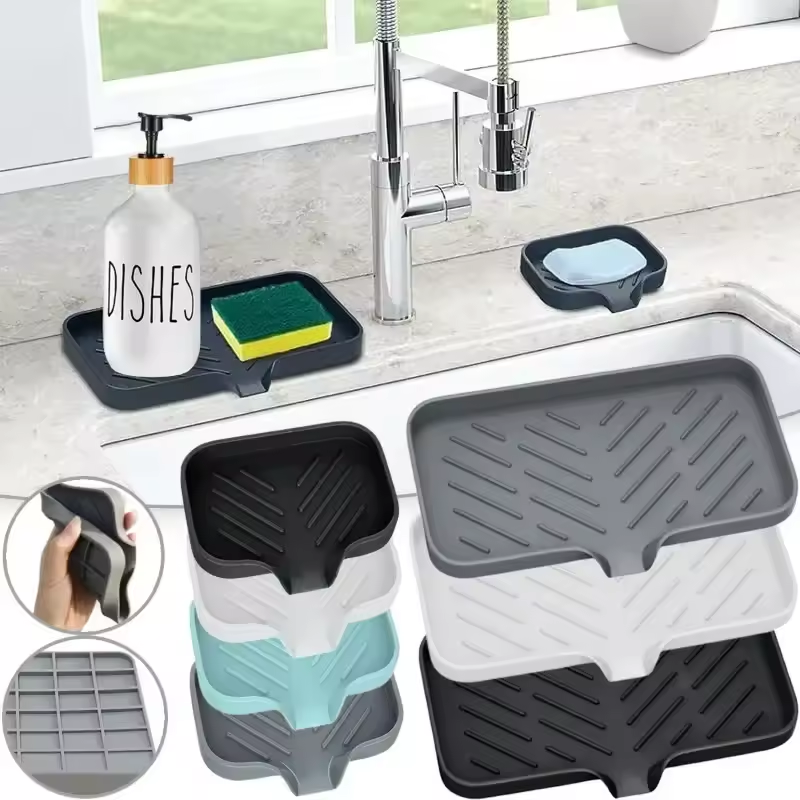 Silicone Sponge & Soap Holder – Self-Draining Sink Organizer