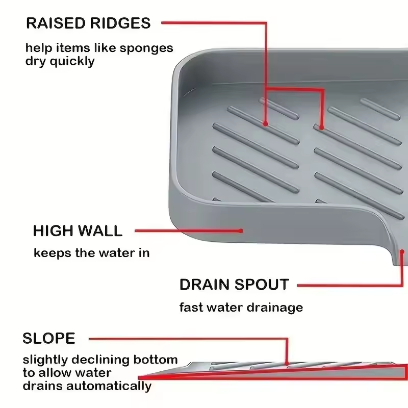 Silicone Sink Tray with Drain – Kitchen Soap & Sponge Holder